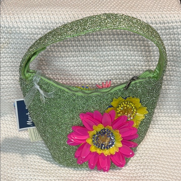 Viral Marshalls Beaded Green and Pink Shoulder Bag with Tropical Patterns - Picture 3 of 11